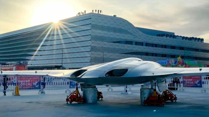 A Chinese twin-engine flying wing drone is unveiled in Changchun